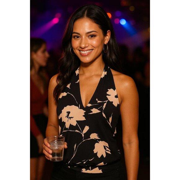 New Veronica M Los Angeles Navy Blue Floral Halter - Picture 1 of 7